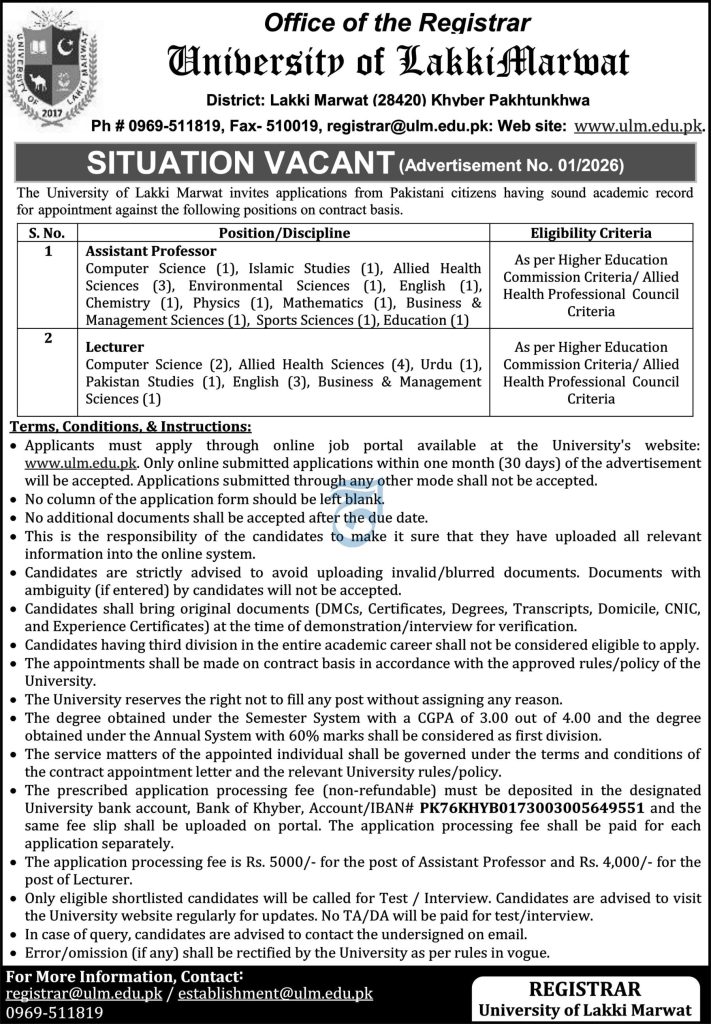 University of Lakki Marwat Jobs 2026 Advertisement