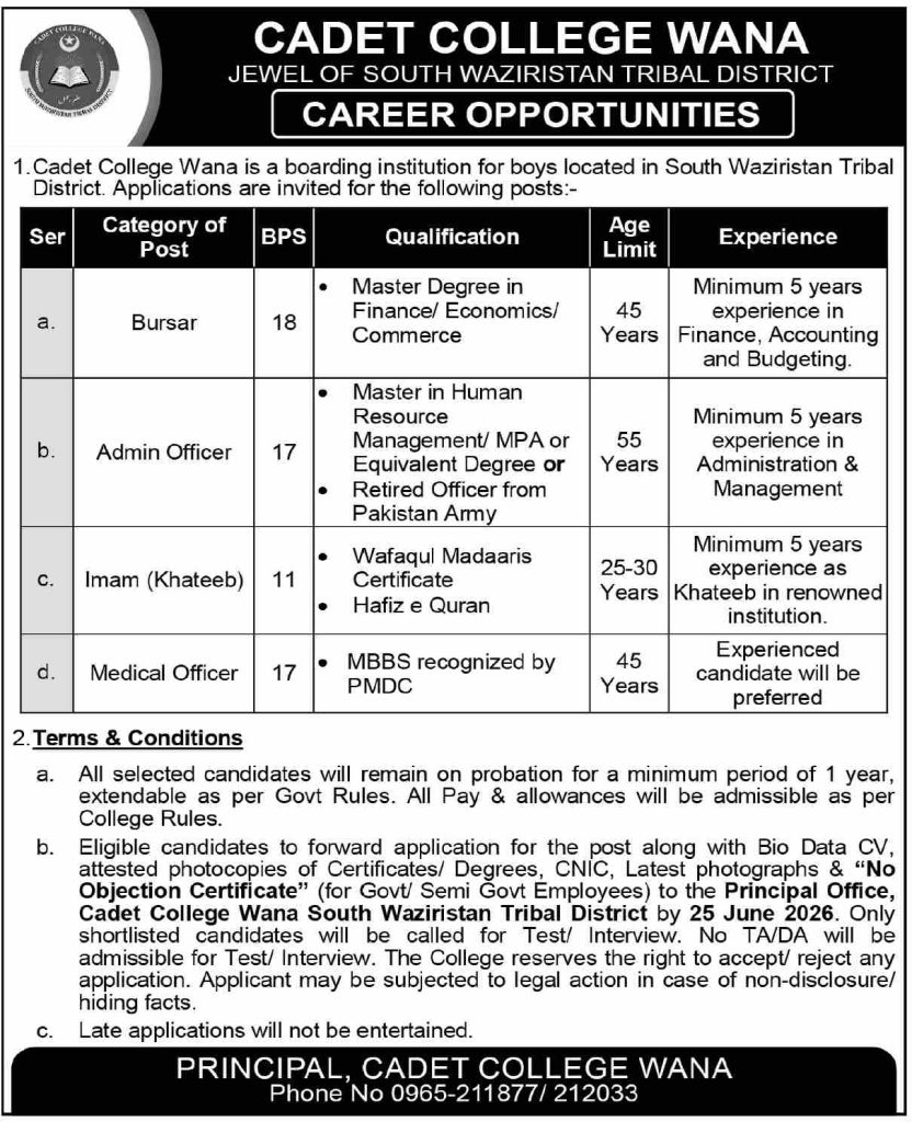 Cadet College Wana Jobs 2026
