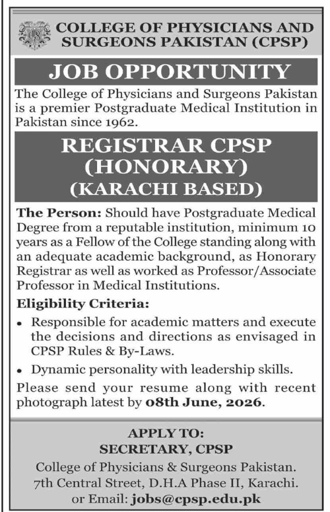 CPSP Registrar Jobs 2026 Advertisement