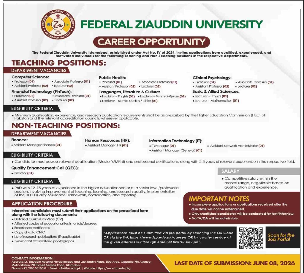 Federal Ziauddin University Jobs 2026
