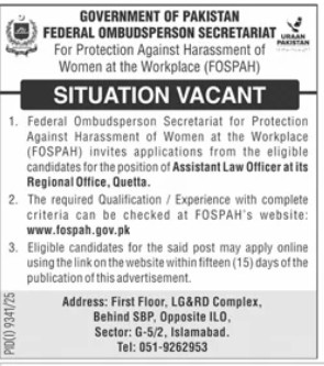 FOSPAH Jobs 2026 Assistant Law Officer Quetta