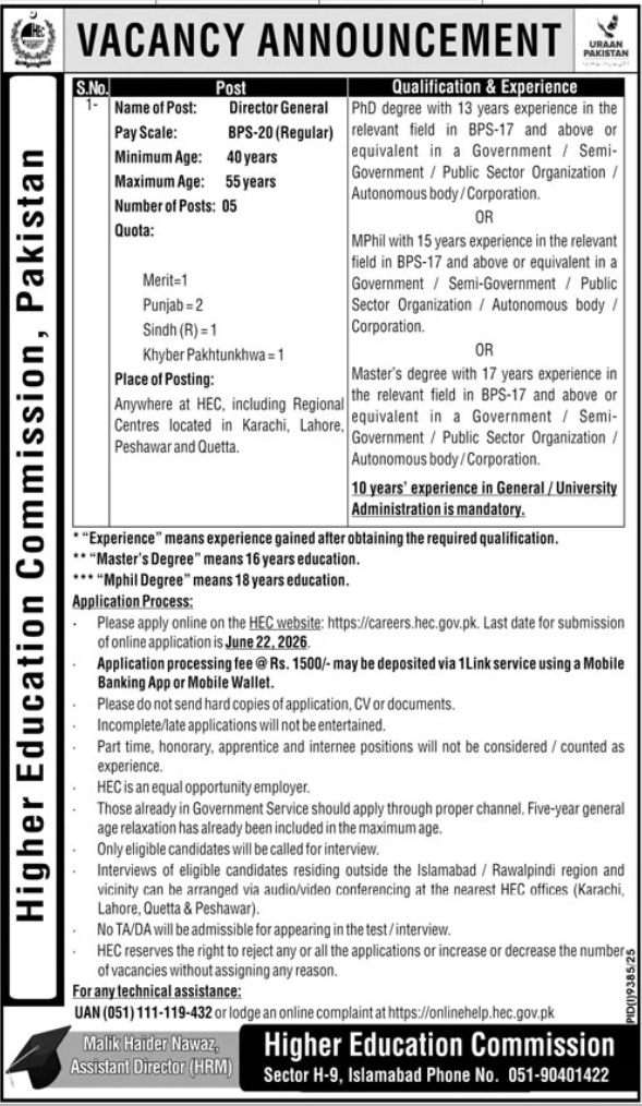 Director General Jobs HEC Pakistan