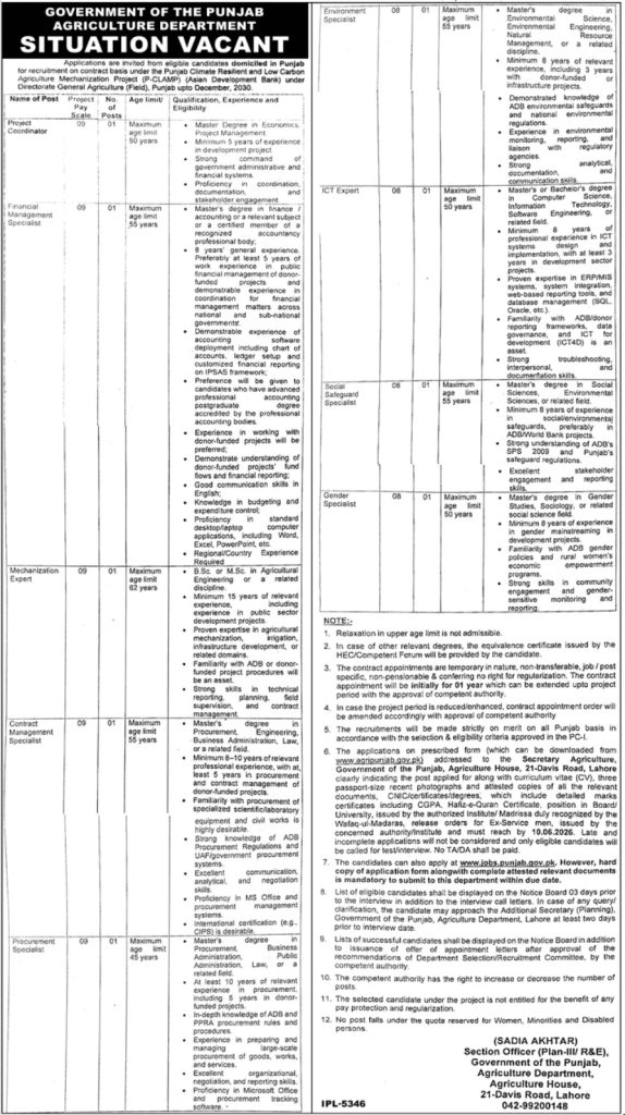 Punjab Agriculture Department Jobs 2026 Advertisement