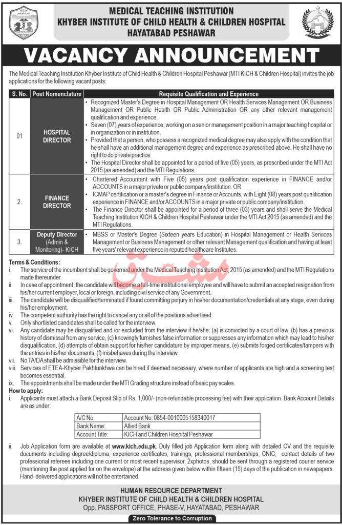 KICH Hospital Jobs 2026 Advertisement