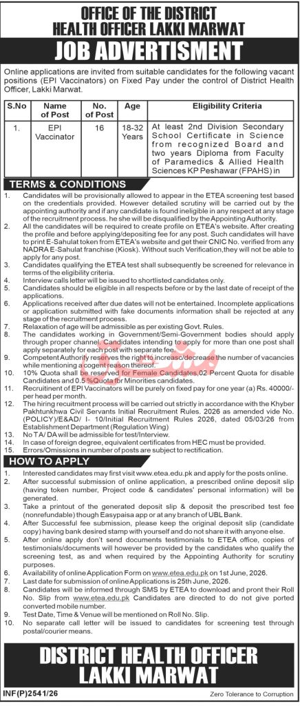 DHO Lakki Marwat EPI Vaccinator Jobs 2026 Advertisement