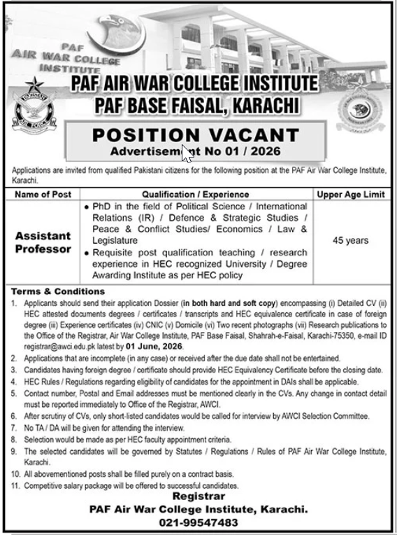 PAF Air War College Jobs 2026