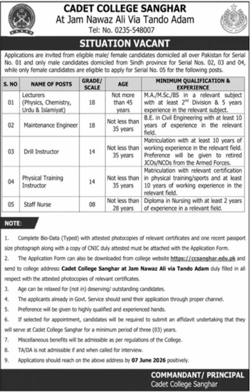 Cadet College Sanghar Jobs 2026
