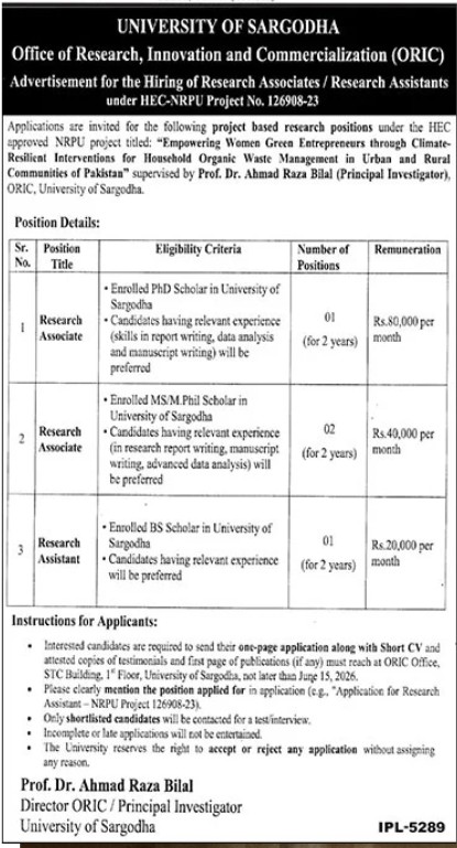 University of Sargodha ORIC Jobs 2026 Advertisement