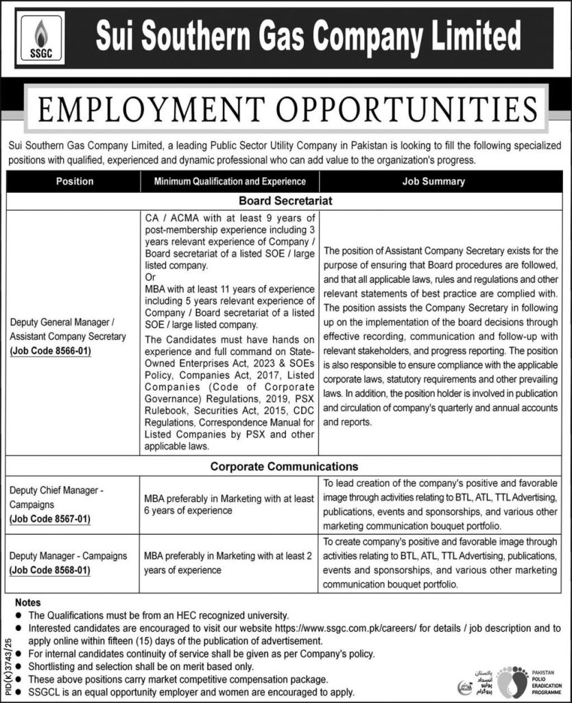 SSGC Jobs 2026 Advertisement