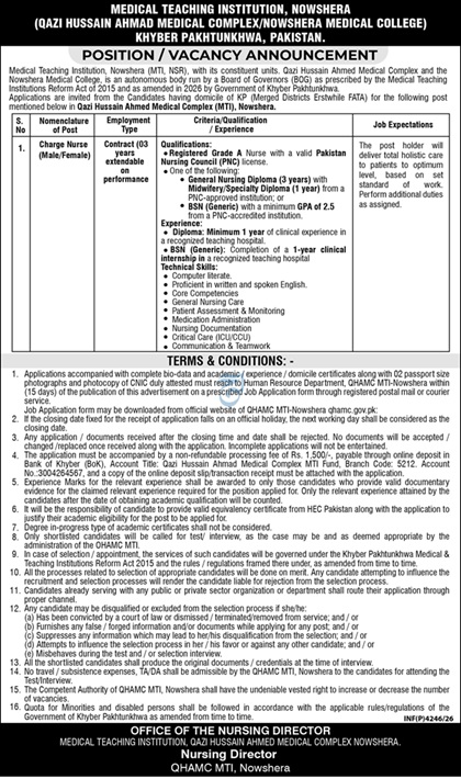 QHAMC MTI Nowshera Jobs 2026 Charge Nurse Vacancy