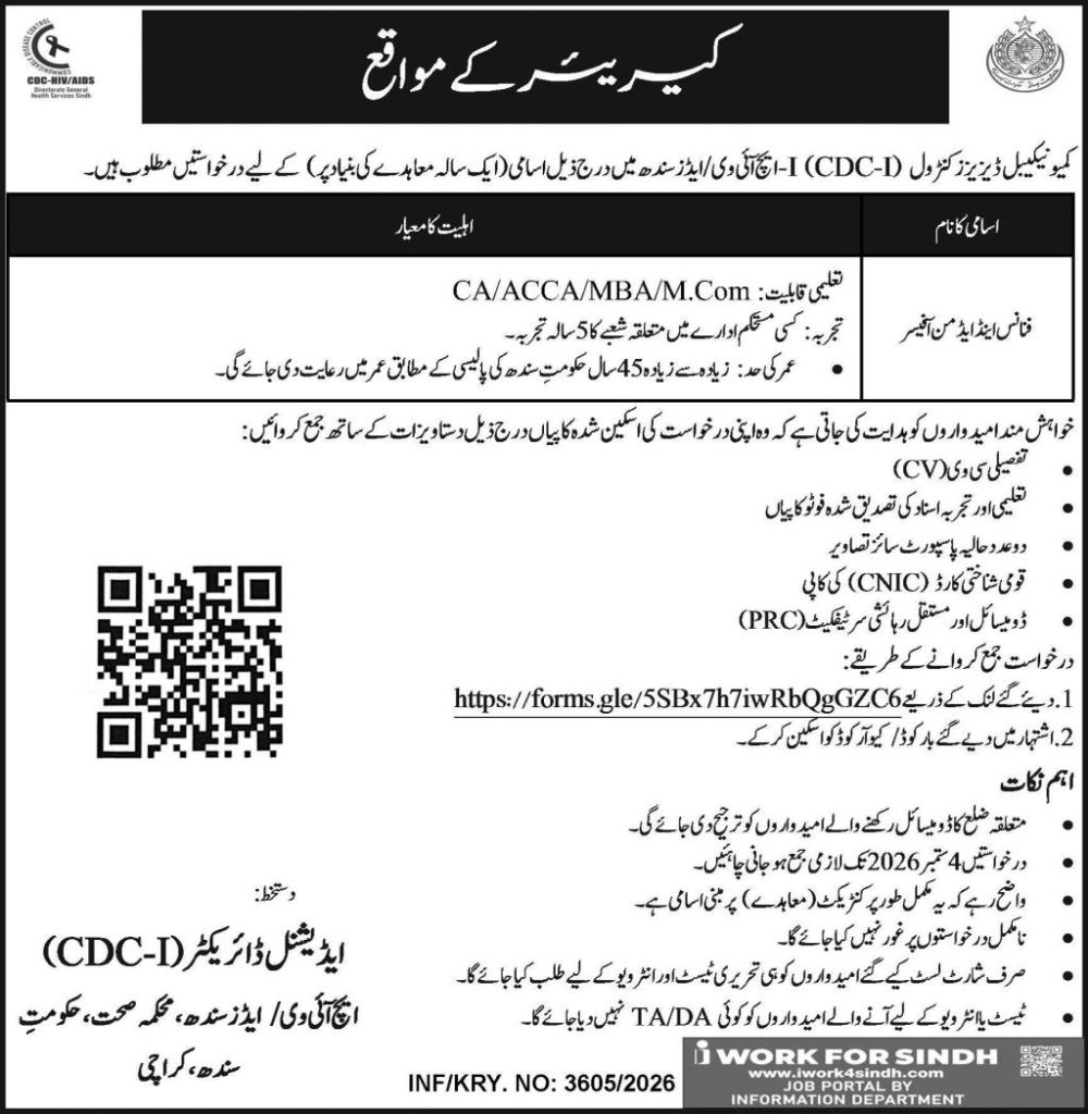 CDC-I AIDS Sindh Jobs 2026 Finance Admin Officer Vacancy Karachi