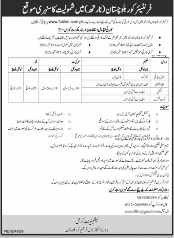 FC Balochistan Jobs 2026 Recruit Course 71 Frontier Corps