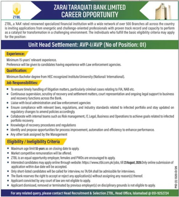 ZTBL Jobs 2026 Unit Head Settlement AVP Islamabad