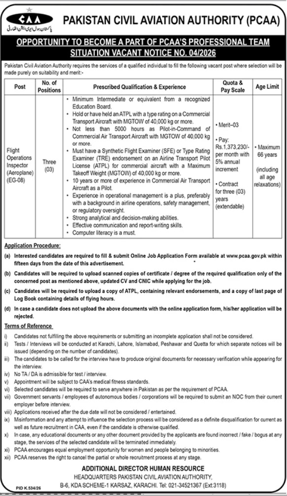 PCAA Jobs 2026 Flight Operations Inspector Vacancies Karachi