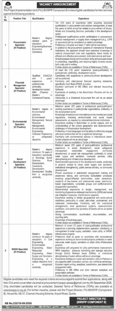 BWSPIP Component B Jobs 2026 Specialist Vacancies Quetta