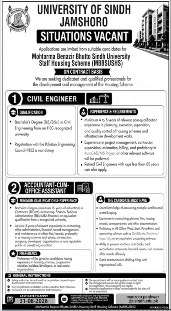 University of Sindh Jamshoro Jobs 2026 Civil Engineer Accountant Vacancies