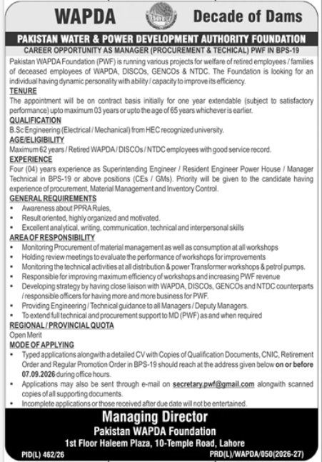 WAPDA Foundation Jobs 2026 Manager Procurement Technical Vacancy Lahore