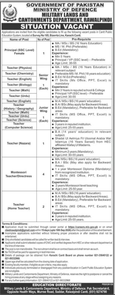 Ministry of Defence Jobs 2026 Cantt Public School Banner CareerHub.pk