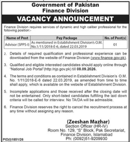 Finance Division Islamabad Jobs 2026 Advisor Banner CareerHub.pk