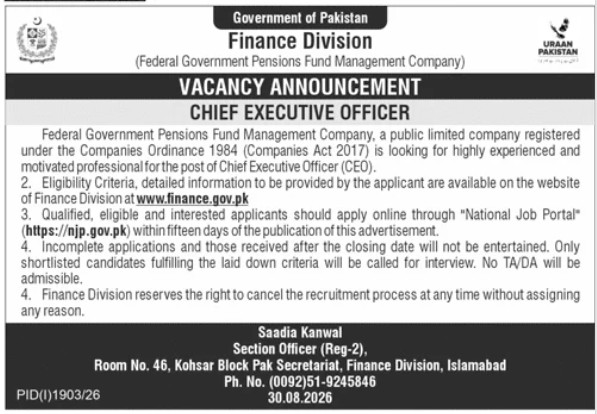 Finance Division CEO Jobs 2026 Chief Executive Officer Banner CareerHub.pk