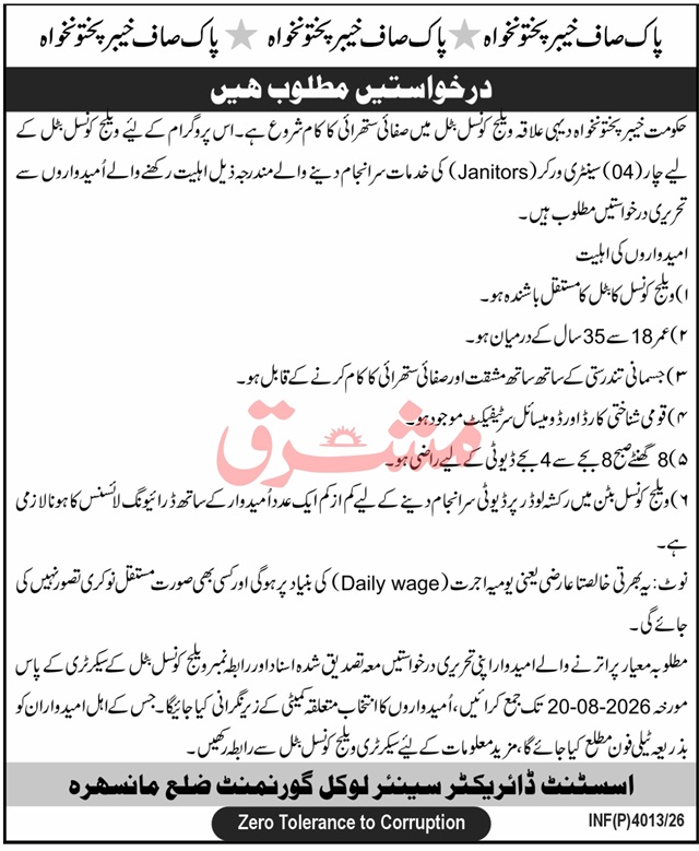 Pak Saaf KPK Jobs 2026 Janitor Vacancies Mansehra