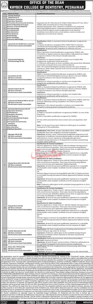 Khyber College of Dentistry Jobs 2026 Dental Surgeon Charge Nurse Vacancies Peshawar