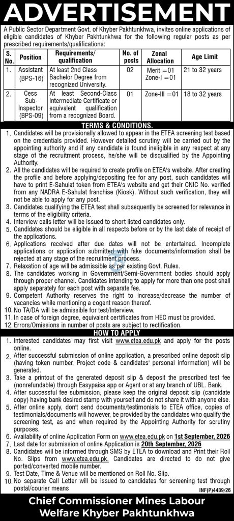 Mines Labour Welfare KP Jobs 2026 Assistant Cess Sub Inspector ETEA Apply Online