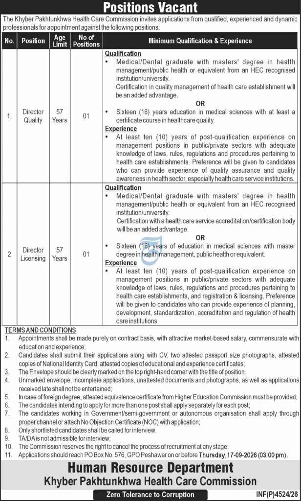 KP Health Care Commission Jobs 2026 Director Quality Licensing Vacancies Peshawar
