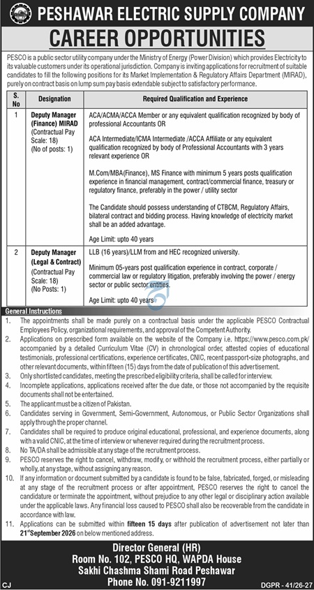 PESCO Jobs 2026 Deputy Manager Finance and Legal Vacancies