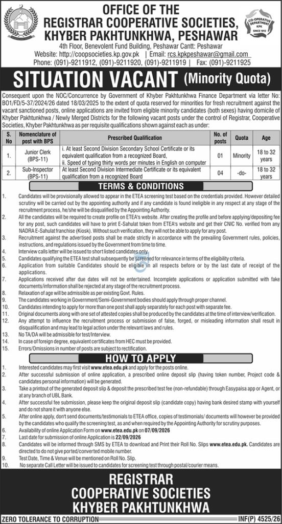 KPK Cooperative Societies Jobs 2026 Minority Quota Junior Clerk Sub-Inspector Vacancies