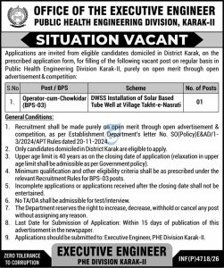 PHE Division Karak Jobs 2026 Operator cum Chowkidar Vacancy Advertisement