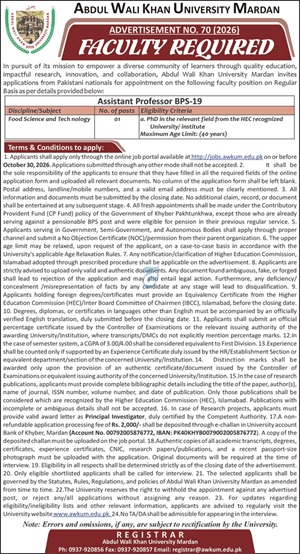 AWKUM Jobs 2026 Assistant Professor Food Science Poster