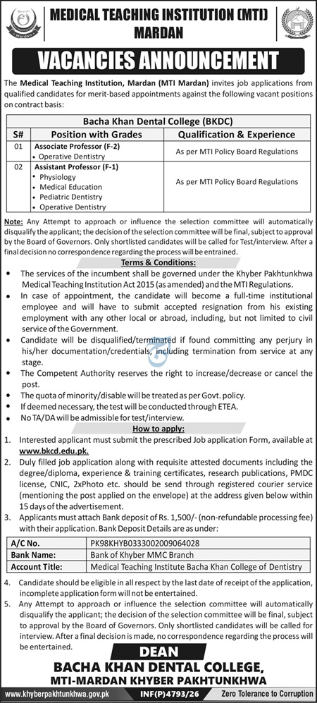 BKDC Mardan Jobs 2026 Bacha Khan Dental College Poster