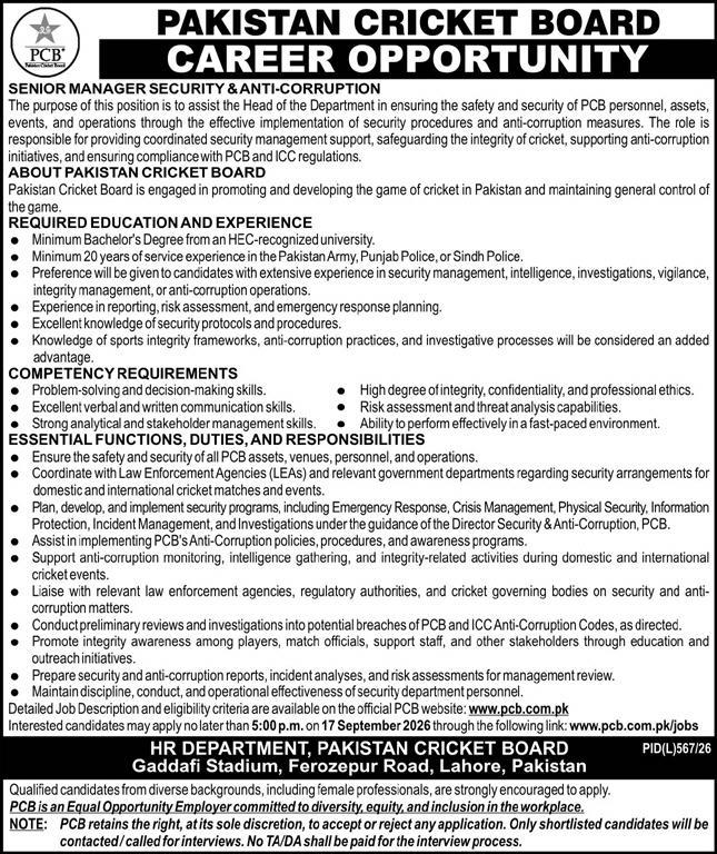 PCB Jobs 2026 Senior Manager Security Anti-Corruption Apply Online