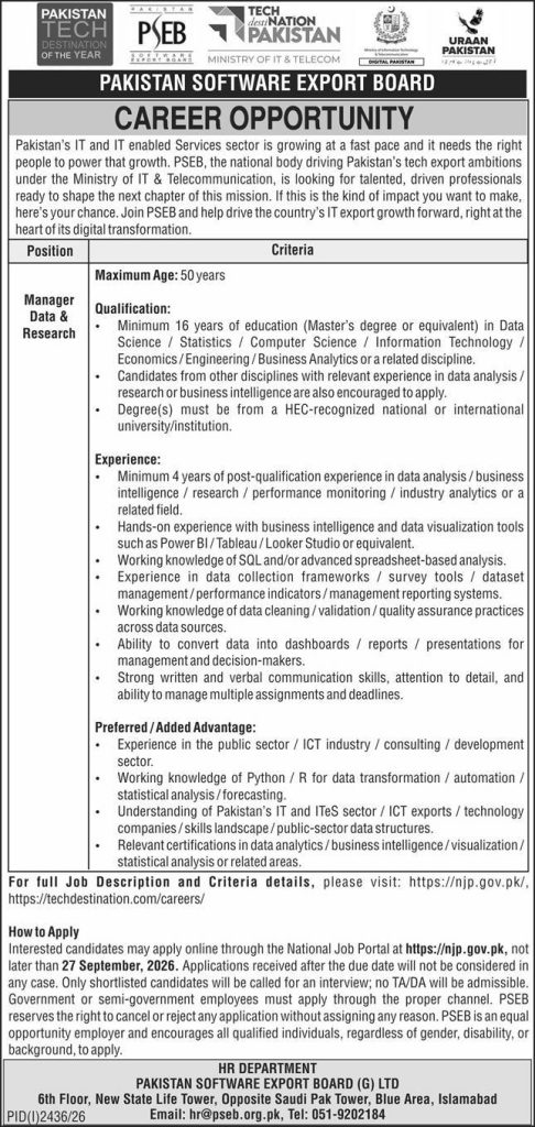 PSEB Jobs 2026 Manager Data and Research Vacancy Advertisement
