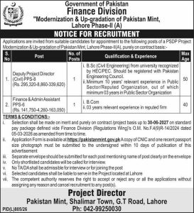 Pakistan Mint Lahore Jobs 2026 Official PSDP Project Recruitment Poster