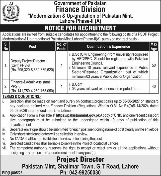 Pakistan Mint Lahore Jobs 2026 Official PSDP Project Recruitment Poster