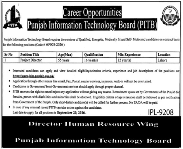 PITB Jobs 2026 Project Director Vacancy Apply Online Lahore
