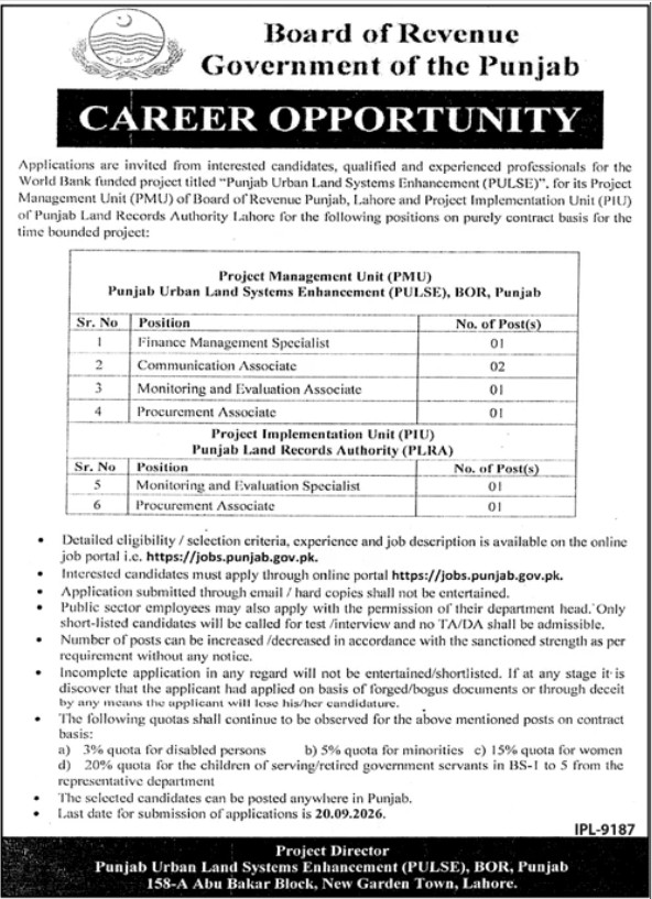 Board of Revenue Punjab Jobs 2026 PULSE Project Vacancies Apply Online