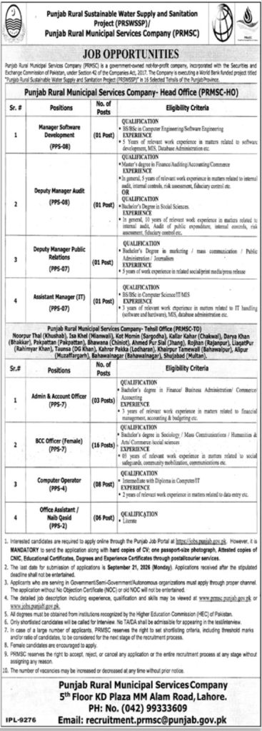 PRMSC Jobs 2026 Punjab Rural Municipal Services Company Vacancies