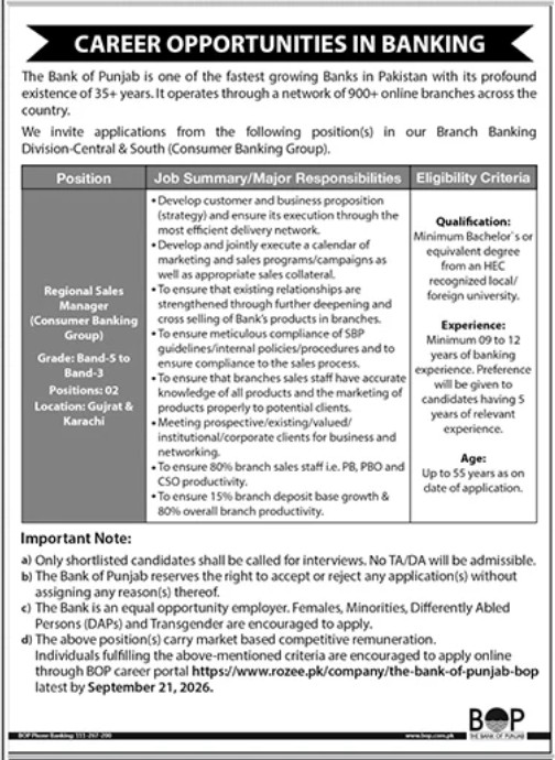 BOP Regional Sales Manager Jobs 2026 Gujrat Karachi Vacancies