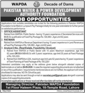 WAPDA Foundation Jobs 2026 Office Assistant Patwari Analyst Vacancies Lahore
