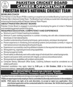 PCB Jobs 2026 Bowling Coach Vacancy Official Poster