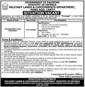 Ministry of Defence Jobs 2026 Female Principal Vacancy Poster