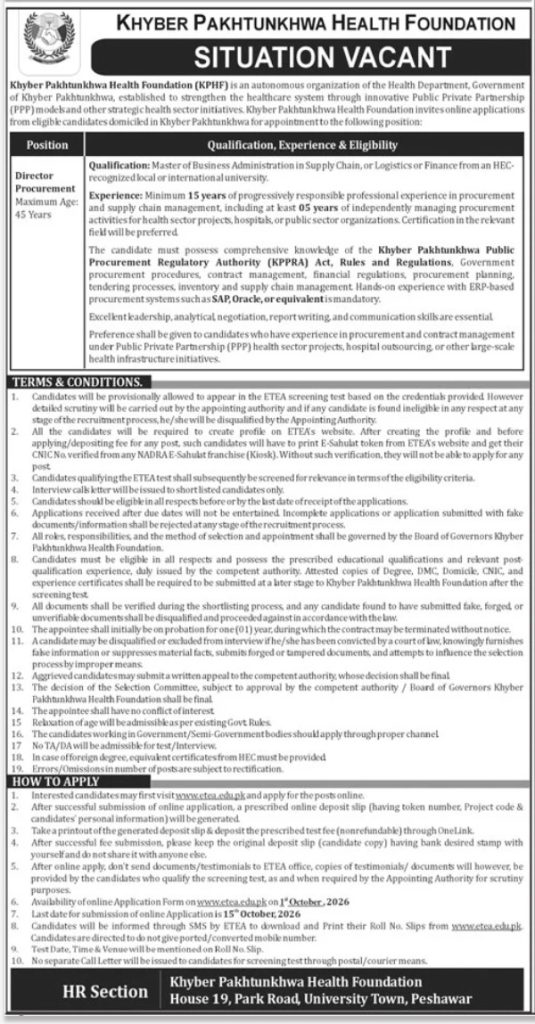 KPHF Jobs 2026 Director Procurement Vacancy Poster