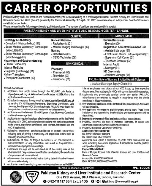 PKLI Jobs 2026 Pakistan Kidney and Liver Institute Lahore Poster