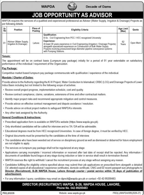 WAPDA Jobs 2026 Advisor Water Supply Irrigation Poster