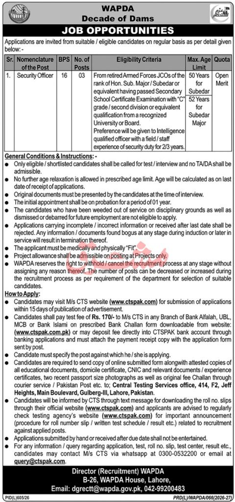 WAPDA Jobs 2026 Security Officer BPS-16 Vacancies for Retired JCOs