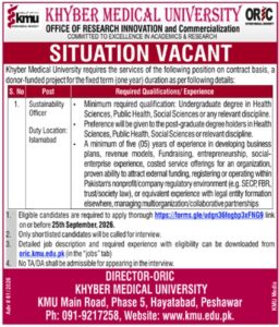 Khyber Medical University Jobs 2026 Sustainability Officer ORIC Vacancy
