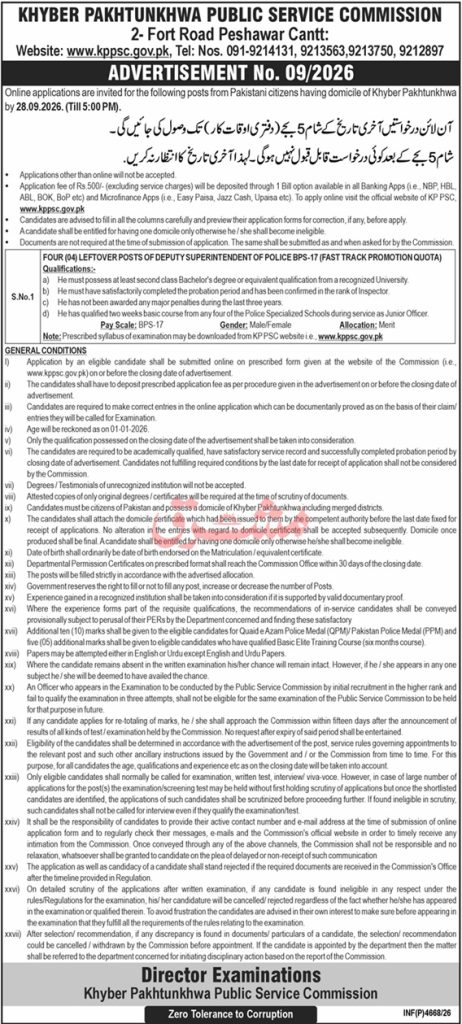 KPPSC Jobs 2026 Deputy Superintendent of Police BPS-17 Leftover Vacancies